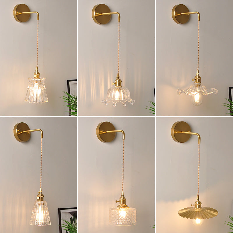 Antique Brass Wall Hanging Lamp With Clear Prismatic/Wavy Glass Bedside Lighting Rotary Switch