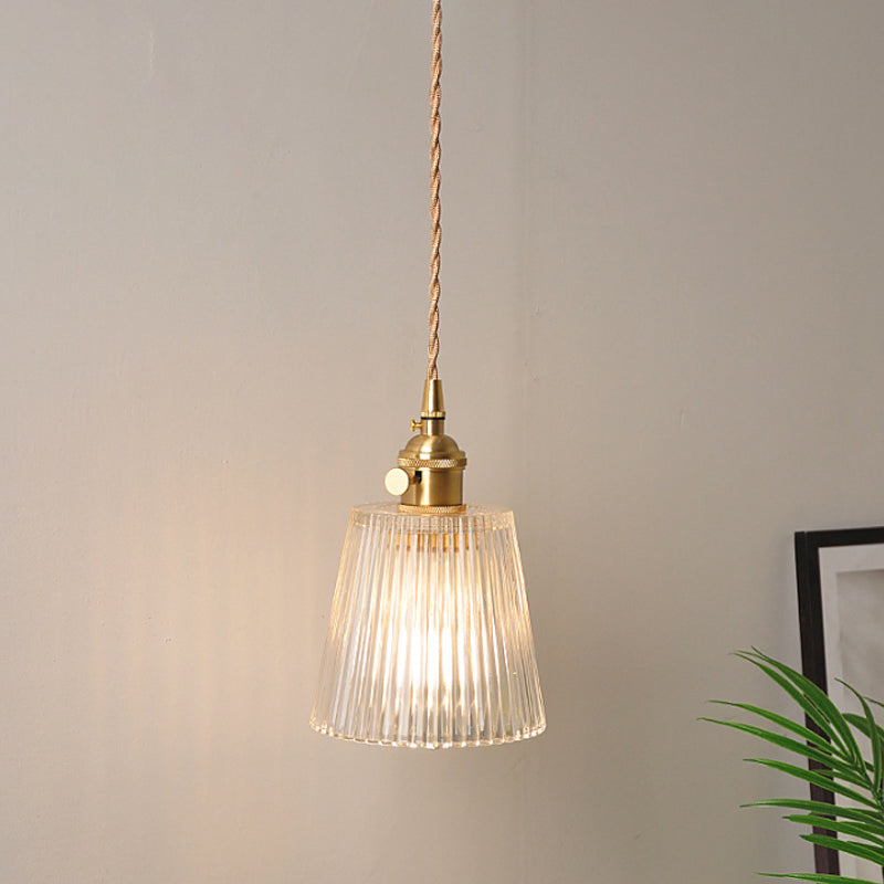 Antique Brass Wall Hanging Lamp With Clear Prismatic/Wavy Glass Bedside Lighting Rotary Switch / G