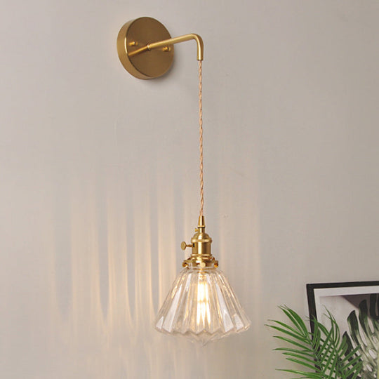 Antique Brass Wall Hanging Lamp With Clear Prismatic/Wavy Glass Bedside Lighting Rotary Switch / D