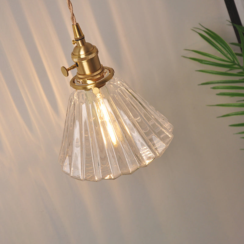 Antique Brass Wall Hanging Lamp With Clear Prismatic/Wavy Glass Bedside Lighting Rotary Switch