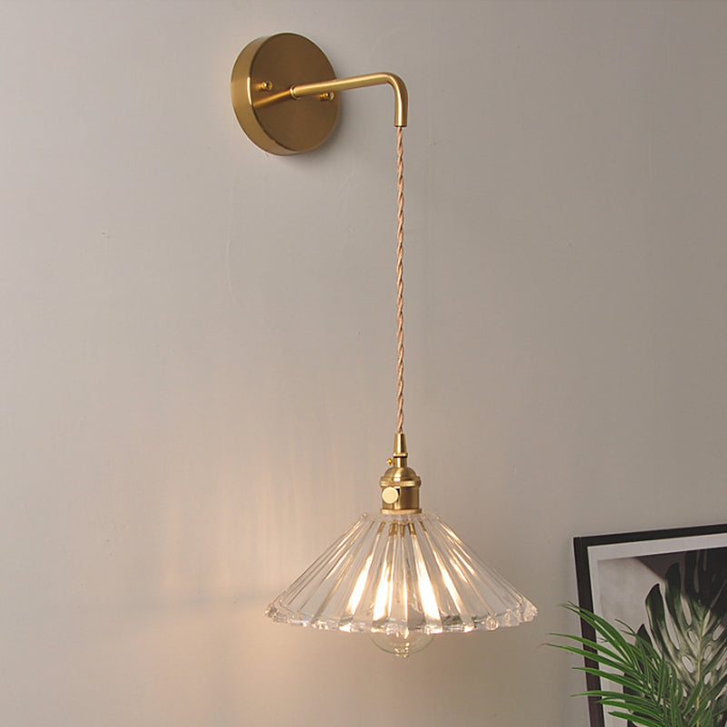 Antique Brass Wall Hanging Lamp With Clear Prismatic/Wavy Glass Bedside Lighting Rotary Switch