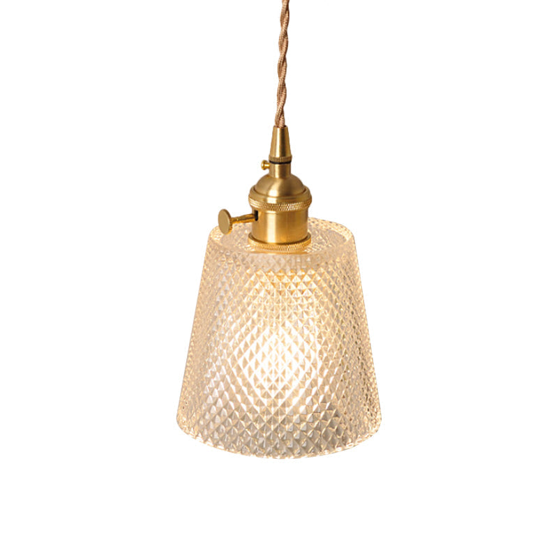 Antique Brass Wall Hanging Lamp With Clear Prismatic/Wavy Glass Bedside Lighting Rotary Switch