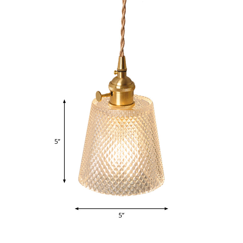 Antique Brass Wall Hanging Lamp With Clear Prismatic/Wavy Glass Bedside Lighting Rotary Switch