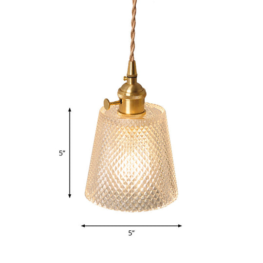 Antique Brass Wall Hanging Lamp With Clear Prismatic/Wavy Glass Bedside Lighting Rotary Switch