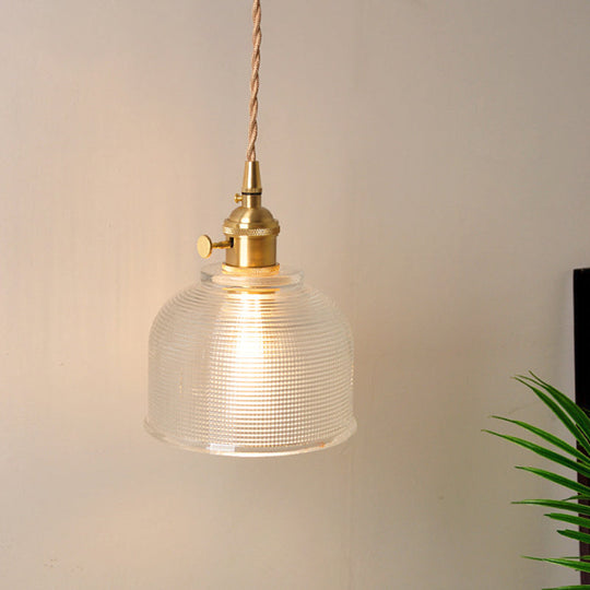 Antique Brass Wall Hanging Lamp With Clear Prismatic/Wavy Glass Bedside Lighting Rotary Switch / A