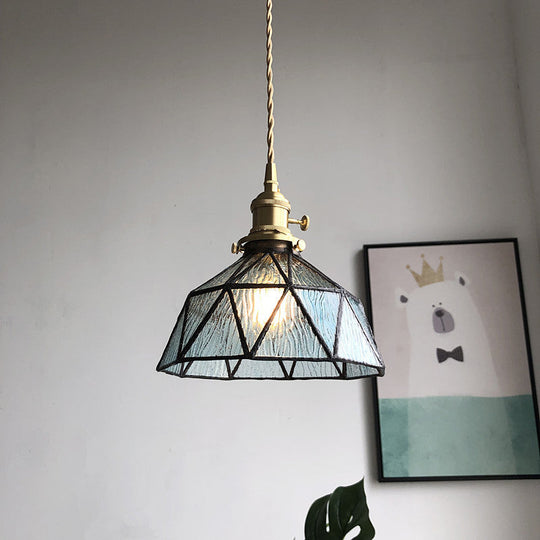 Blue/Clear Textured Glass Pendant with Brass accents - Country Style Hanging Ceiling Light