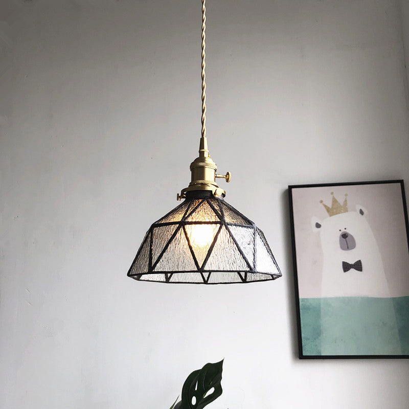 Blue/Clear Textured Glass Pendant with Brass accents - Country Style Hanging Ceiling Light