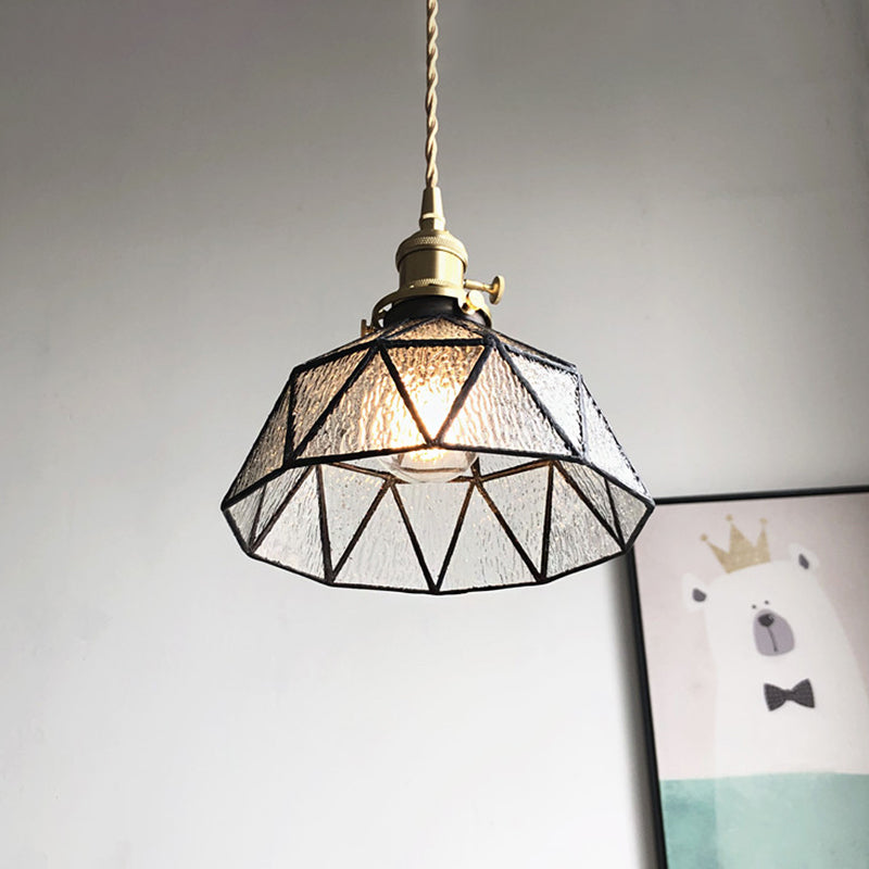 Blue/Clear Textured Glass Pendant with Brass accents - Country Style Hanging Ceiling Light