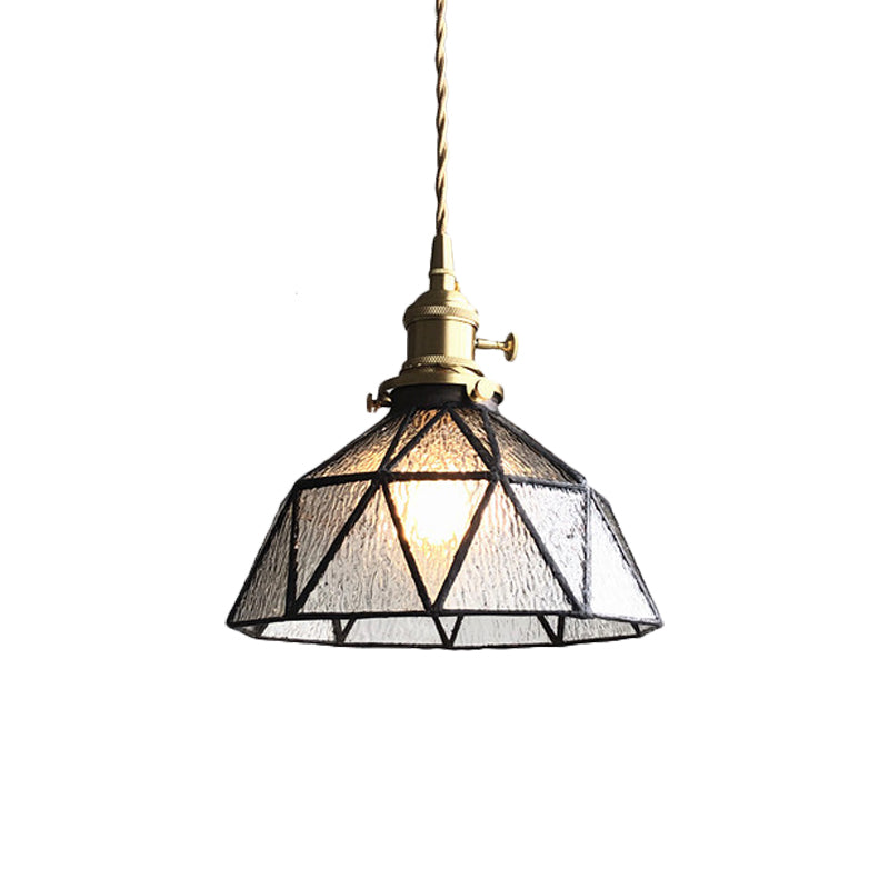 Blue/Clear Textured Glass Pendant - Faceted Barn Shaped 1 Light Country Style Ceiling