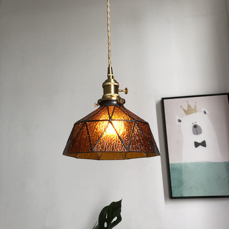 Blue/Clear Textured Glass Pendant with Brass accents - Country Style Hanging Ceiling Light