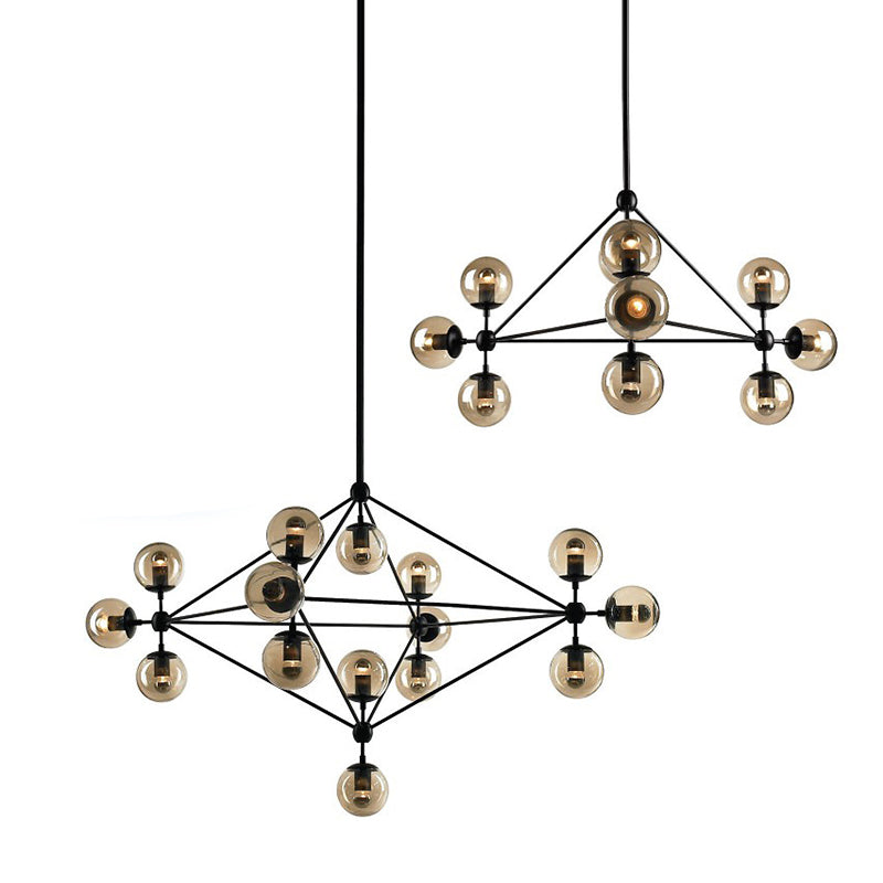 Black Pyramid Frame Chandelier - Loft Style Metal Pendant Light with Tan Glass Shade (10/15-Light) for Living Room