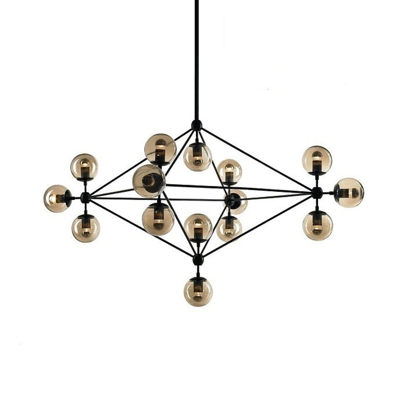 Black Pyramid Frame Chandelier - Loft Style Metal Pendant Light with Tan Glass Shade (10/15-Light) for Living Room