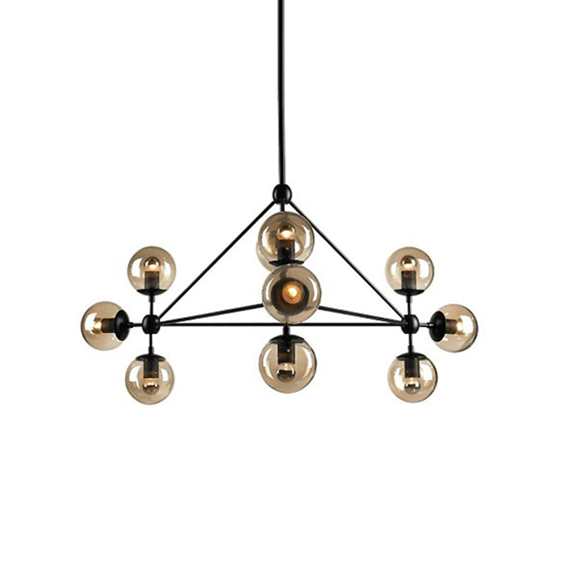 Black Pyramid Frame Chandelier - Loft Style Metal Pendant Light With Ball Tan Glass Shade