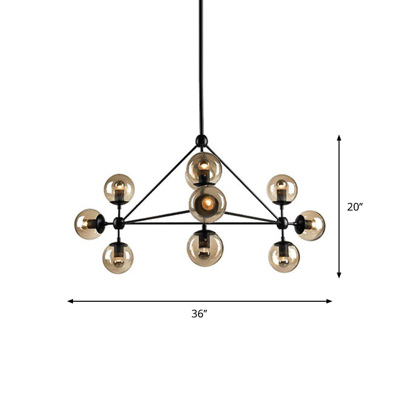 Black Pyramid Frame Chandelier - Loft Style Metal Pendant Light with Tan Glass Shade (10/15-Light) for Living Room