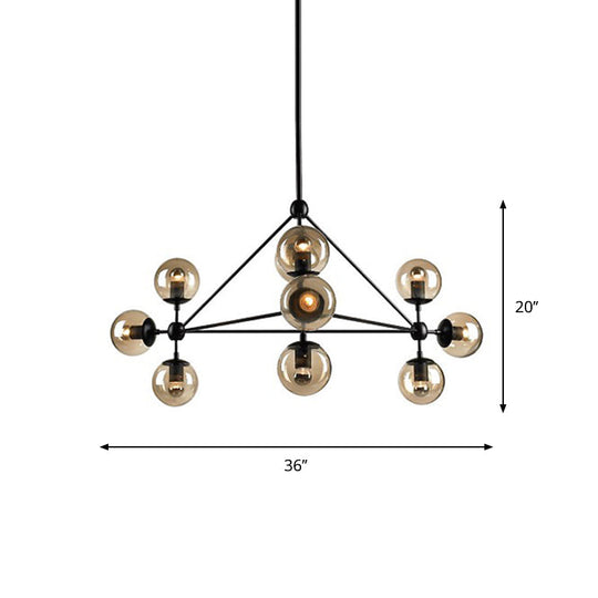 Black Pyramid Frame Chandelier - Loft Style Metal Pendant Light With Ball Tan Glass Shade