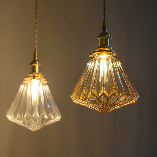 Rustic Brass 1-Light Pendant With Cone Drop Brown/Clear Glass Ceiling Hang Lamp Brown