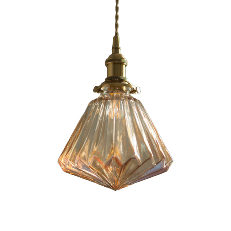 Rustic Brass 1-Light Pendant With Cone Drop Brown/Clear Glass Ceiling Hang Lamp