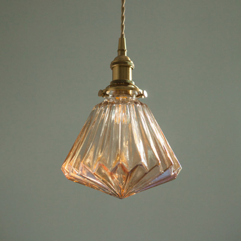 Rustic Brass 1-Light Pendant With Cone Drop Brown/Clear Glass Ceiling Hang Lamp