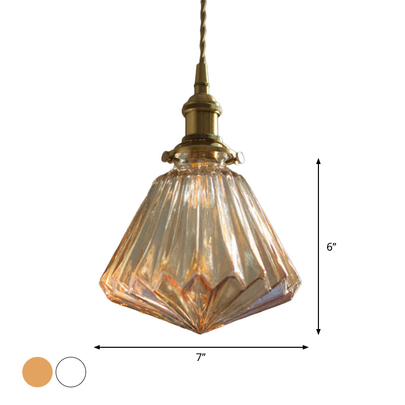 Rustic Brass 1-Light Pendant With Cone Drop Brown/Clear Glass Ceiling Hang Lamp