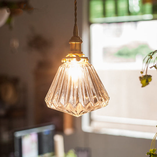 Rustic Brass 1-Light Pendant With Cone Drop Brown/Clear Glass Ceiling Hang Lamp Clear