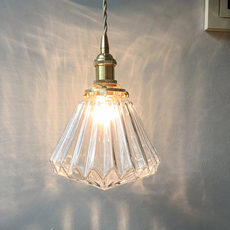 Rustic Brass 1-Light Pendant With Cone Drop Brown/Clear Glass Ceiling Hang Lamp