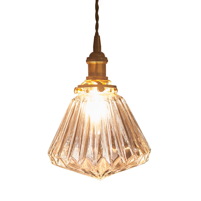 Rustic Brass 1-Light Pendant With Cone Drop Brown/Clear Glass Ceiling Hang Lamp