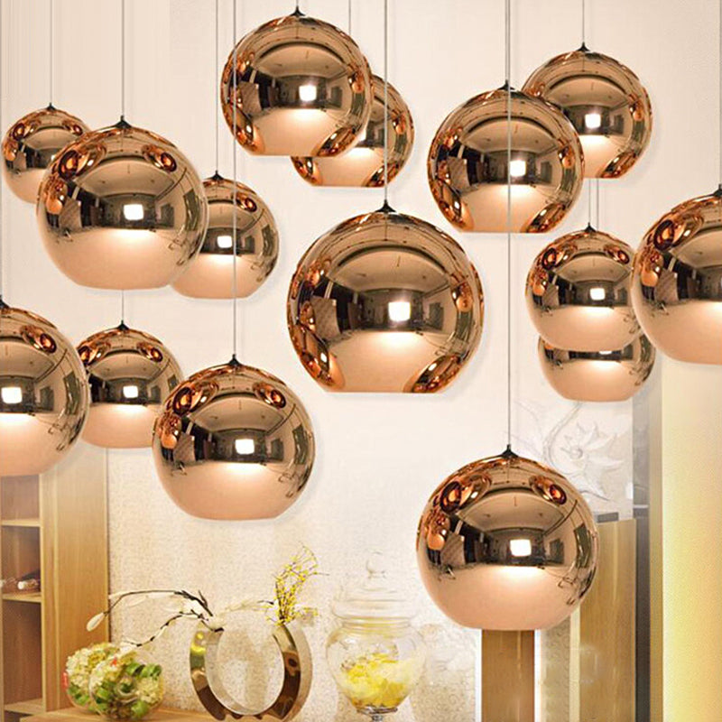 Down Lighting Industrial Pendant Light: Mirror Glass Globe with Open Bottom - 6"/8" W, 1-Light Bar in Brass/Chrome/Gold