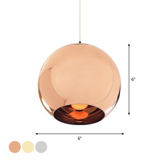 Down Lighting Industrial Pendant Light: Mirror Glass Globe with Open Bottom - 6"/8" W, 1-Light Bar in Brass/Chrome/Gold