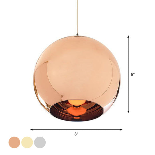 Down Lighting Industrial Pendant Light: Mirror Glass Globe with Open Bottom - 6"/8" W, 1-Light Bar in Brass/Chrome/Gold