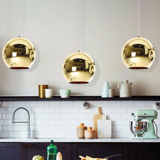 Down Lighting Industrial Pendant Light: Mirror Glass Globe with Open Bottom - 6"/8" W, 1-Light Bar in Brass/Chrome/Gold