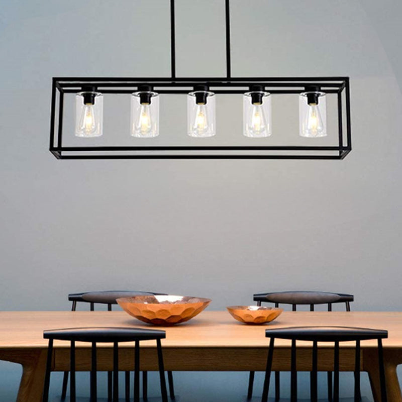 Industrial Clear Glass Pendant With Cylinder Shade 3/5 Lights Dinette Up/Down Island Lamp In Black 5