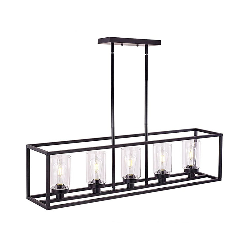 Industrial Clear Glass Pendant With Cylinder Shade 3/5 Lights Dinette Up/Down Island Lamp In Black 5