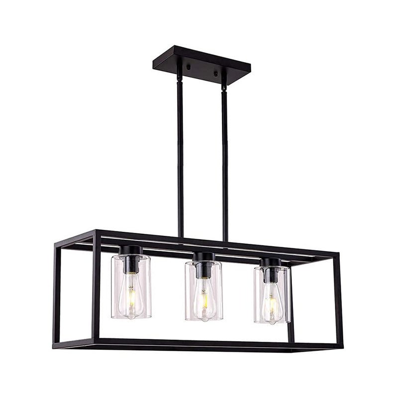 Industrial Clear Glass Pendant With Cylinder Shade 3/5 Lights Dinette Up/Down Island Lamp In Black 3