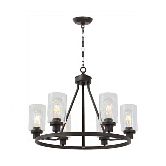 Rustic Black Iron Wagon Wheel Chandelier Pendant with 6 Lights and Clear Glass Cylinder Shade