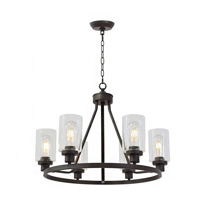 Rustic Black Iron 6-Light Wagon Wheel Chandelier Pendant With Clear Glass Shades