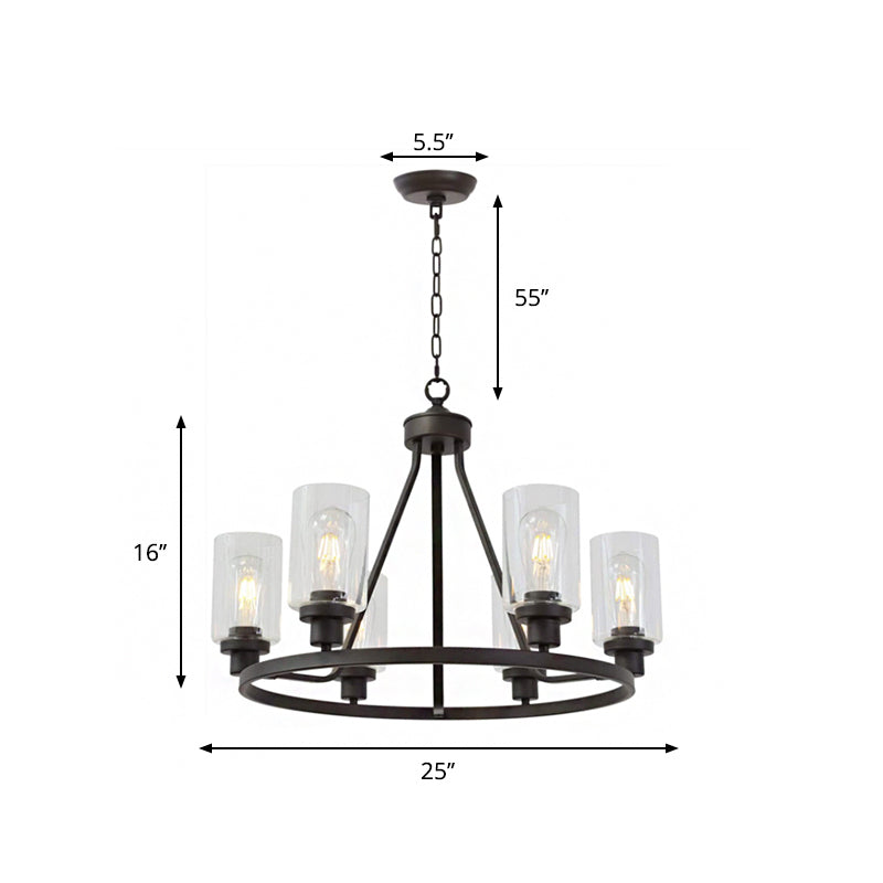 Rustic Black Iron Wagon Wheel Chandelier Pendant with 6 Lights and Clear Glass Cylinder Shade