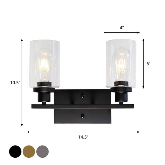 Industrial Cylinder Wall Mount Light - 2/3 Bulbs Black/Brass/Nickel Clear Glass Lamp For Bathroom