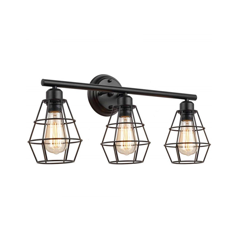 Industrial Linear Iron Wall Mounted Vanity Light With Clear Glass And Diamond Cage In Black - 3-Head