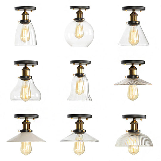 Mini Corridor Semi Flush Light Farmhouse Globe/Pear Ceiling Lamp – Clear Ribbed Glass, Black & Brass Finish