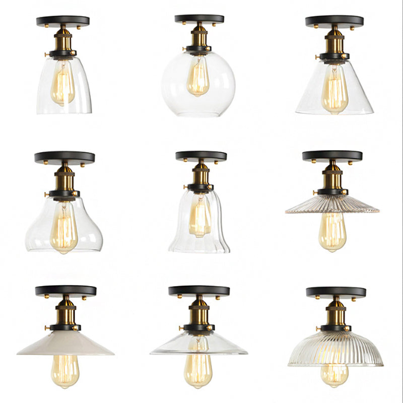 Mini Corridor Semi Flush Light Farmhouse Globe/Pear Ceiling Lamp Clear Ribbed Glass Black & Brass