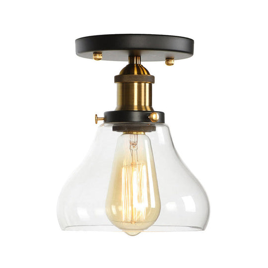 Mini Corridor Semi Flush Light Farmhouse Globe/Pear Ceiling Lamp – Clear Ribbed Glass, Black & Brass Finish