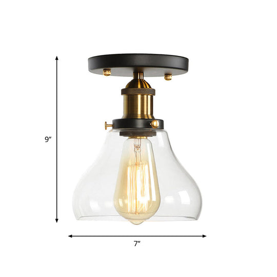 Mini Corridor Semi Flush Light Farmhouse Globe/Pear Ceiling Lamp – Clear Ribbed Glass, Black & Brass Finish