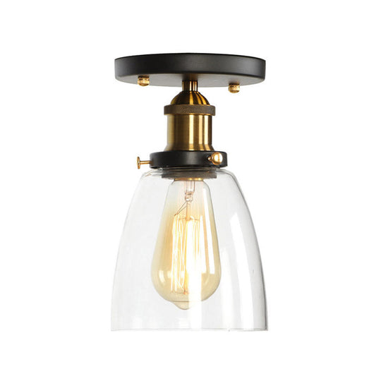 Mini Corridor Semi Flush Light Farmhouse Globe/Pear Ceiling Lamp – Clear Ribbed Glass, Black & Brass Finish