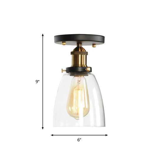 Mini Corridor Semi Flush Light Farmhouse Globe/Pear Ceiling Lamp – Clear Ribbed Glass, Black & Brass Finish