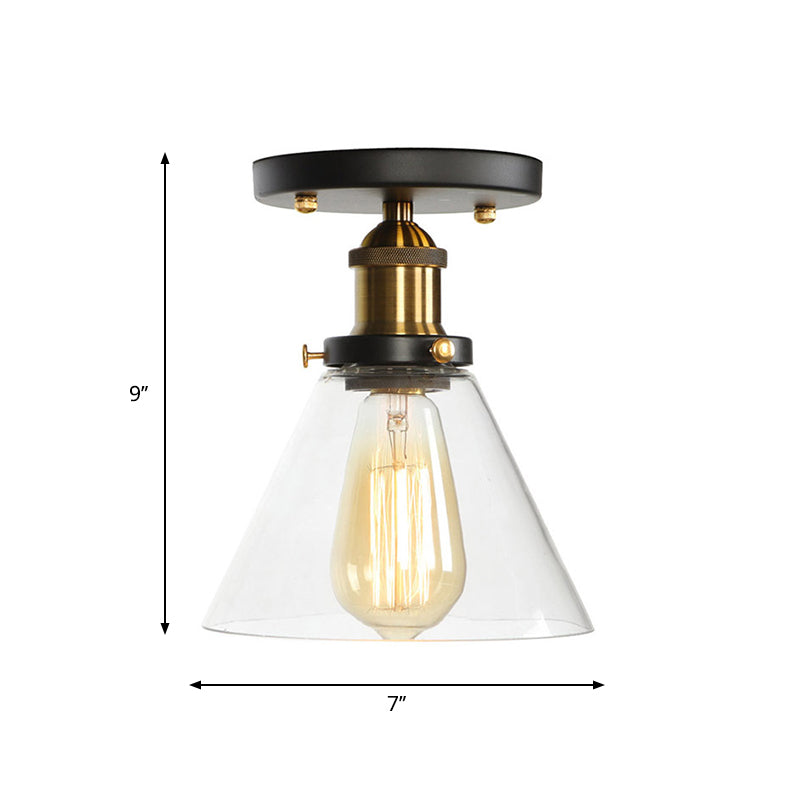 Mini Corridor Semi Flush Light Farmhouse Globe/Pear Ceiling Lamp – Clear Ribbed Glass, Black & Brass Finish