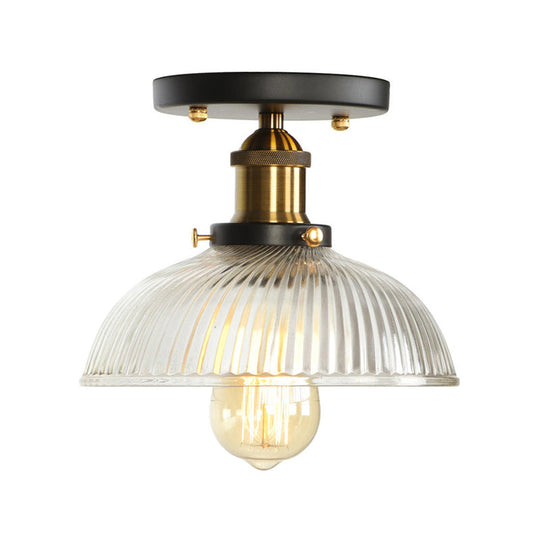 Mini Corridor Semi Flush Light Farmhouse Globe/Pear Ceiling Lamp – Clear Ribbed Glass, Black & Brass Finish