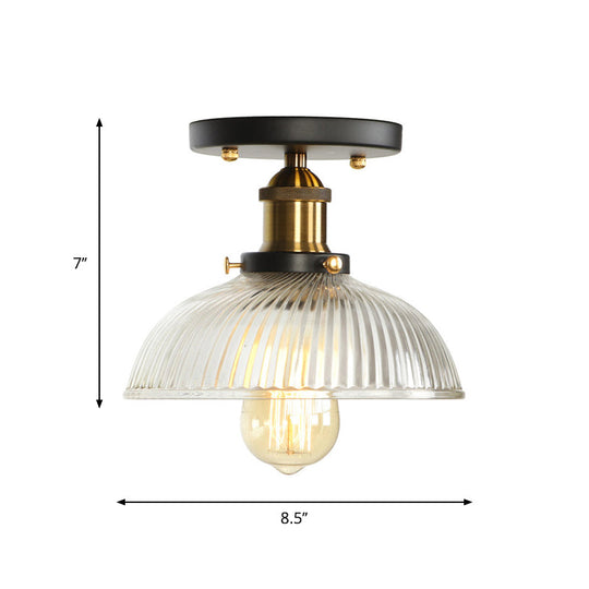 Mini Corridor Semi Flush Light Farmhouse Globe/Pear Ceiling Lamp – Clear Ribbed Glass, Black & Brass Finish