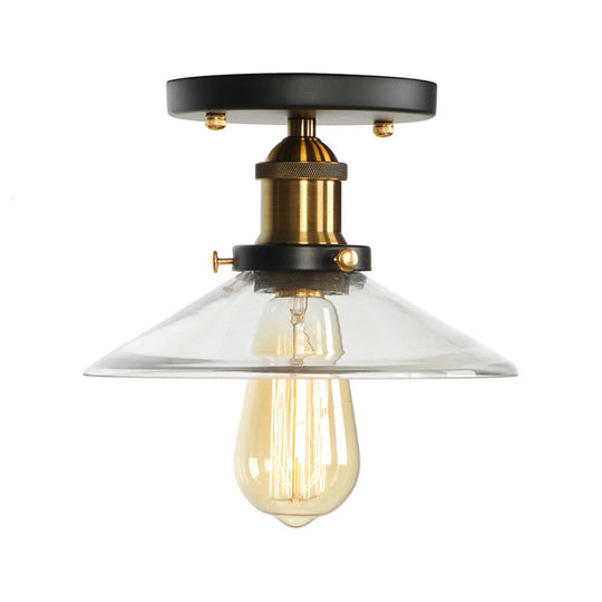 Mini Corridor Semi Flush Light Farmhouse Globe/Pear Ceiling Lamp Clear Ribbed Glass Black & Brass