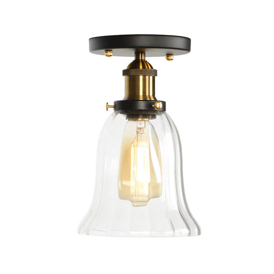 Mini Corridor Semi Flush Light Farmhouse Globe/Pear Ceiling Lamp – Clear Ribbed Glass, Black & Brass Finish