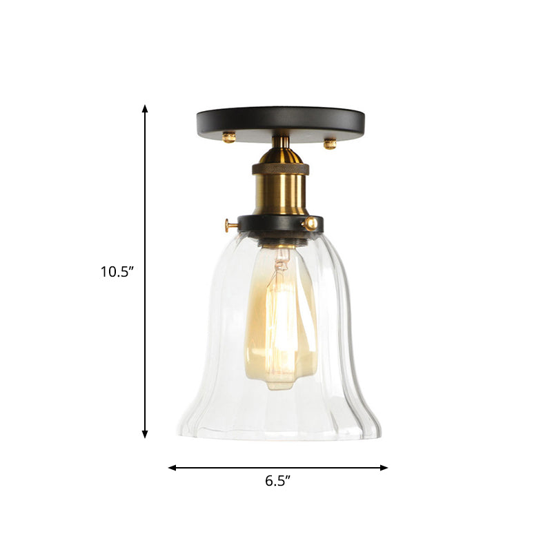 Mini Corridor Semi Flush Light Farmhouse Globe/Pear Ceiling Lamp – Clear Ribbed Glass, Black & Brass Finish